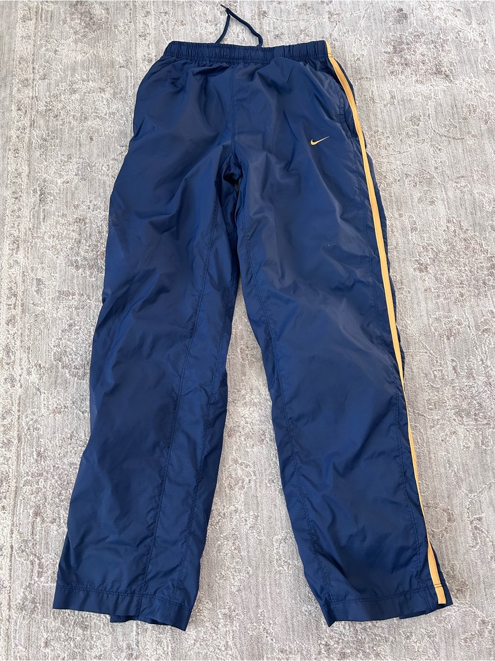VTG Nike Sz M Navy Track Pants Yellow Piping Windbreaker Ankle Zip Elastic Waist